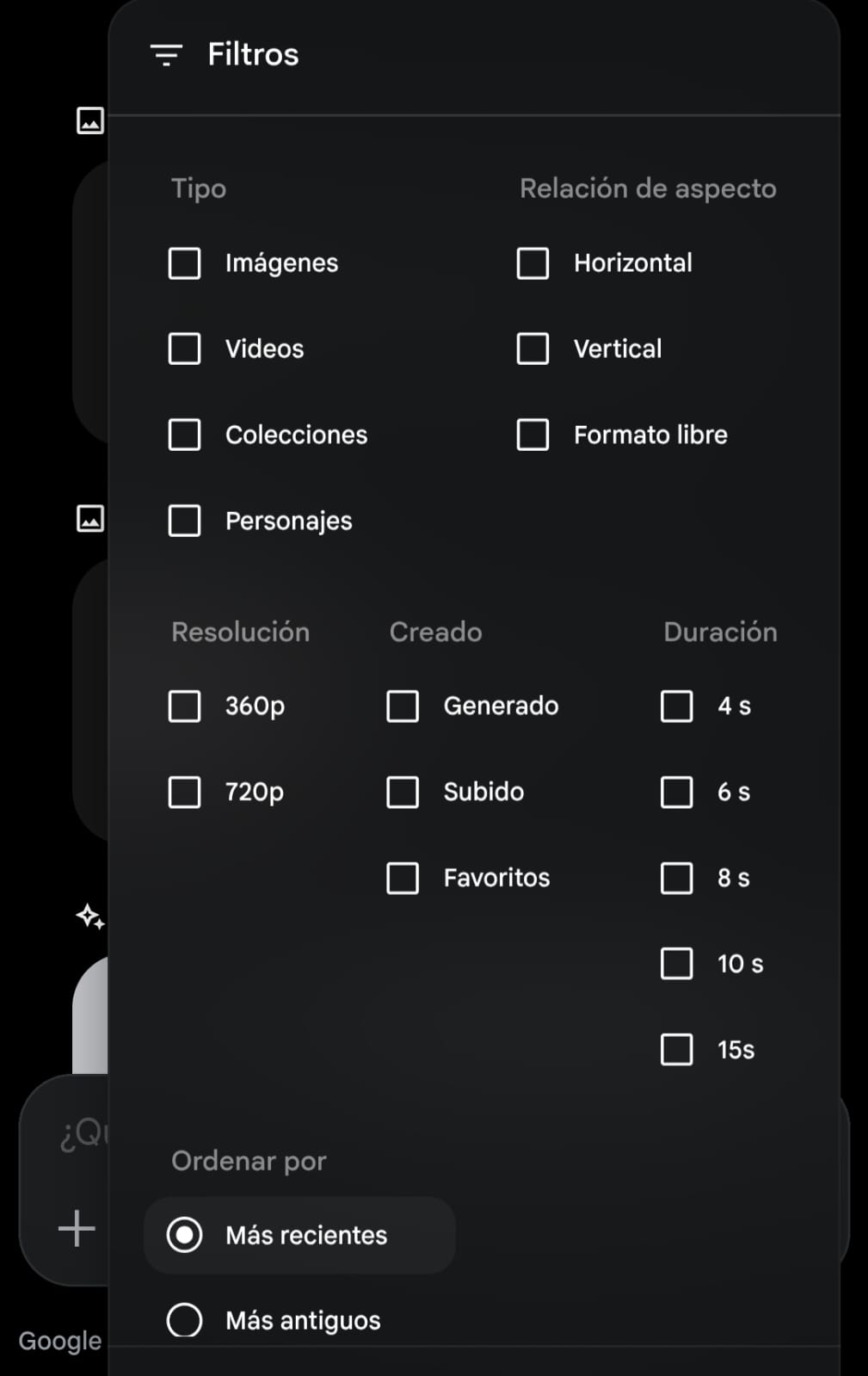 Filtros de Google Flow para imágenes, videos, relación de aspecto, resolución y duración